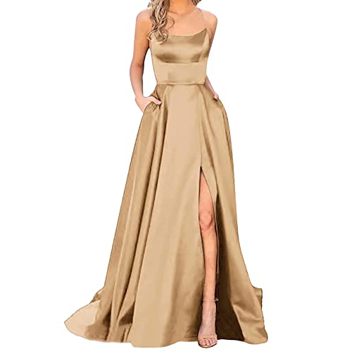 Alecony Ballkleider Damen Elegant Neckholder Rückenfrei Kleider Lang Schwarz Satin Party Abendkleid Bodenlang Seitenschlitz Hochzeit Festtagskleid Straps mit Seitlichem Taschen Kleid von Alecony