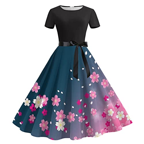 Alecony Cocktailkleid Damen Elegant 50er Jahre Kleider Vintage Retro Rockabilly Kleid Sommerkleid Kurzarm Rundhals Sommer Swing Cocktailkleider Sommerkleid Partykleid Abendkleid von Alecony