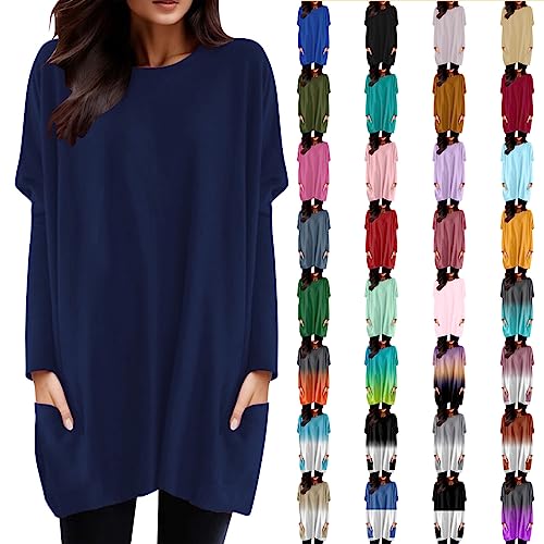Alecony Damen Elegant Tunika Kleid Blusenkleid mit Taschen Rundhalsausschnitt Hemdenkleid Einfarbig Langarm Freizeitkleid Minikleid Herbst Pullover Lang Oberteil T-Shirt Langarmshirts von Alecony