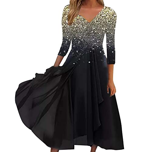 Alecony Damen Kleider Cocktailkleid Abendkleider für Hochzeit Elegant Langarm Herbst Winter Spitzenkleid Brautjungfernkleider V-Ausschnitt Partykleid Lange Kleid Festliches Ballkleid Swing Midikleid von Alecony