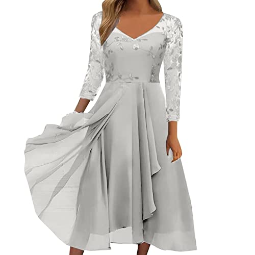 Alecony Damen Kleider Cocktailkleid Abendkleider für Hochzeit Elegant Langarm Herbst Winter Spitzenkleid Brautjungfernkleider V-Ausschnitt Partykleid Lange Kleid Festliches Ballkleid Swing Midikleid von Alecony