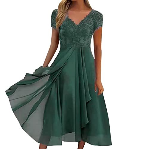 Alecony Damen Kleider Cocktailkleid Abendkleider für Hochzeit Elegant Spitzenkleid Brautjungfernkleider V-Ausschnitt Kurzarm Partykleid Lange Kleid Festliches Ballkleid Swing Midikleid Große Größen von Alecony