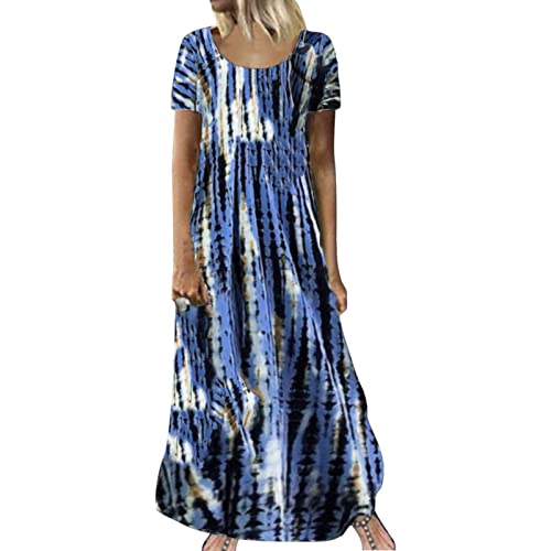 Alecony Damen Kleider Lang Freizeit Lose Sommerkleid Boho Maxikleid Freizeitkleid Rundhals Kurzarm Strandkleid Blumenkleid Partykleid Knielang A Linie Midikleid Strandkleider Sommer Kleider Übergröße von Alecony