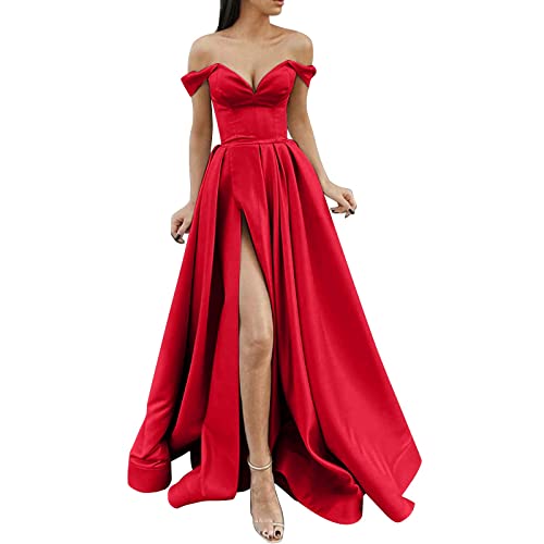 Alecony Damen Sexy Maxikleid Elgant V-Ausschnitt Rückenfrei Gefaltet Plisse Abendkleider Ärmellos Schulterfrei Cocktailkleid Abschluss Bandage Rücken Kreuz Brautjunfer Langes Weihnachtskleider von Alecony