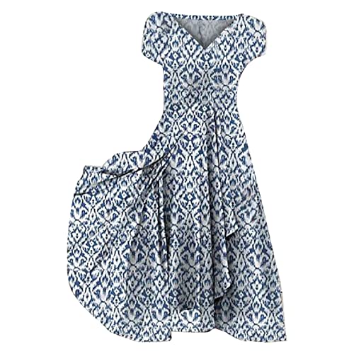 Alecony Damen Sommerkleid Kurzarm V-Ausschnitt Knielang Blumenmuster Midi Kleid Damen V-Ausschnitt Kurz Brautjungfer Kleid Cocktail Party Floral Kleid Sommerkleid Brautkleid von Alecony