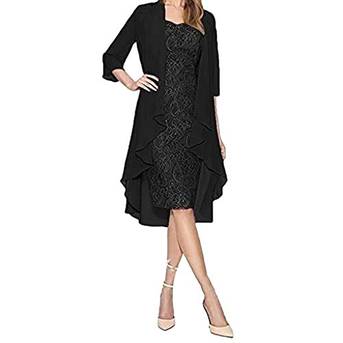 Alecony Damen Spitzenkleid Elegant Chiffon 3/4 Ärmel Herbst Midilang 2 Teilig Satz Kleid Zweiteiler Für Hochzeit Vintage Kleider Brautjungfernkleider Cocktailkleider Abendkleid Cardigan Kleid von Alecony