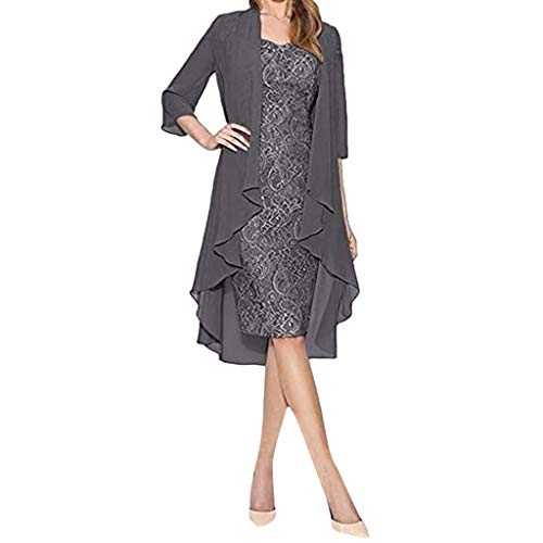 Alecony Damen Spitzenkleid Elegant Chiffon 3/4 Ärmel Herbst Midilang 2 Teilig Satz Kleid Zweiteiler Für Hochzeit Vintage Kleider Brautjungfernkleider Cocktailkleider Abendkleid Cardigan Kleid von Alecony