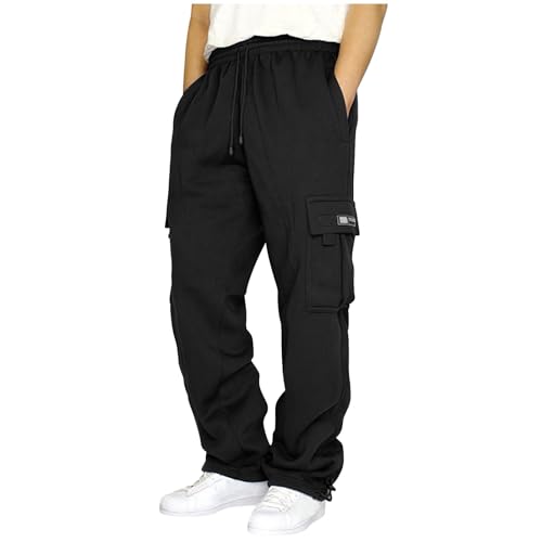 Alecony Herren Cargohose Jogginghose Fleece Gefütterte Baggy Cargo Hose Dick Freizeithose Sporthose Trainingshose Elastische Taille mit Kordelzug und Taschen Sweatpants für Männer (1-Black, XXXXL) von Alecony