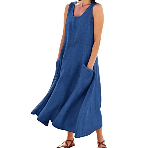 Alecony Leinenkleid Damen Sommer Lang Blusenkleid Ärmellos Leinen Kleider Große Größen Festliche Kleid Tunikakleid Einfabig Maxikleider Freizeitkleid mit Taschen Lockere Lässige Kleider Strandkleid von Alecony