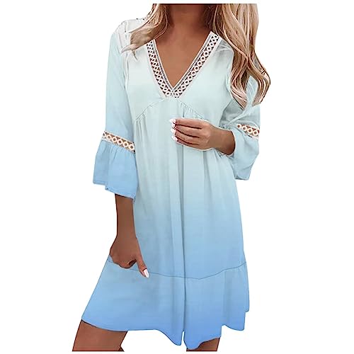 Alecony Sommerkleid Damen Knielang Elegant Boho Blumenkleid Strandkleider 3/4-Arm Midi Kurz Tunika Kleider Sommer Blusenkleid Freizeitkleider Tunikakleid V-Ausschnitt Midikleid Hemdkleid Shirtkleid von Alecony
