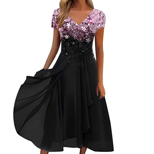 Alecony Sommerkleid Damen Knielang Kleider Spitzenkleid V-Ausschnitt Boho Kleid Kurzarm Chiffon Cocktailkleid Festliches Ballkleid Brautjungfernkleider Für Hochzeit Midi Abendkleider von Alecony