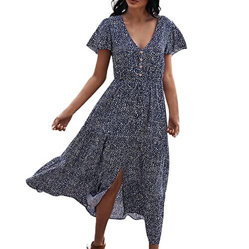 Alecony Sommerkleid Damen Kurzarm V-Ausschnitt Strandkleid Abendkleid Polka Dot Lange Kleid Freizeitkleid Partykleid Elegant Blumenkleid Plissierten PuffäRmeln Boho Kleider Lang Kleid Maxikleid von Alecony