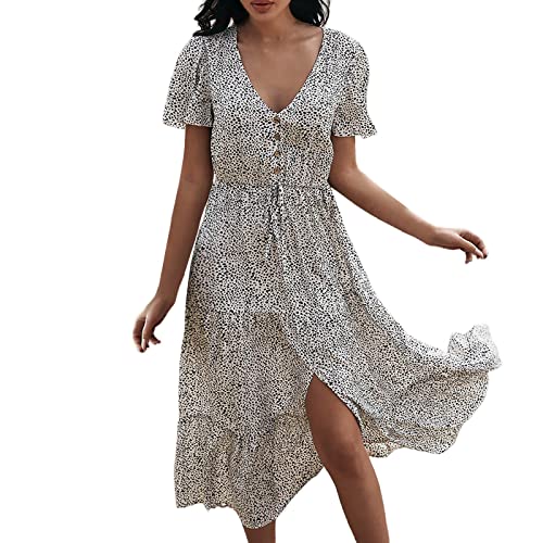 Alecony Sommerkleid Damen Kurzarm V-Ausschnitt Strandkleid Abendkleid Polka Dot Lange Kleid Freizeitkleid Partykleid Elegant Blumenkleid Plissierten PuffäRmeln Boho Kleider Lang Kleid Maxikleid von Alecony