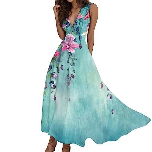 Alecony Sommerkleid Damen Lang Maxikleid Sommer V Ausschnitt Kleid Schlitz Elegant Ärmellos Cocktailkleid Abendkleider Elegant für Hochzeit Freizeitkleid für Hochzeitsgäste Swing Kleider von Alecony