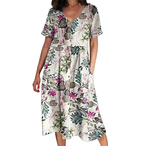 Alecony Sommerkleid Damen Leinenkleider Strandkleider Boho Langes Kleid mit Taschen Sommer Rundhalsausschnitt Kurzarm Freizeitkleid Knielang Baumwolle Leinen Vintage Kleider Freizeitkleid Shirtkleid von Alecony