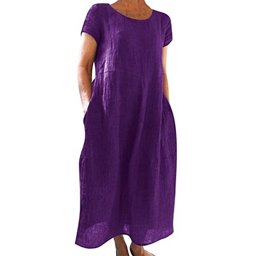 Alecony Sommerkleid Damen Leinenkleider Strandkleider Boho Langes Kleid mit Taschen Sommer Rundhalsausschnitt Kurzarm Freizeitkleid Knielang Baumwolle Leinen Vintage Kleider Freizeitkleid Shirtkleid von Alecony