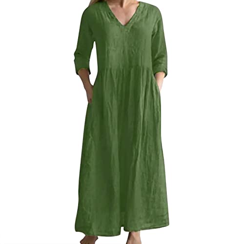 Alecony Sommerkleid Damen Leinenkleider Strandkleider Boho Langes Kleid mit Taschen Sommer Rundhalsausschnitt Kurzarm Freizeitkleid Knielang Baumwolle Leinen Vintage Kleider Freizeitkleid Shirtkleid von Alecony