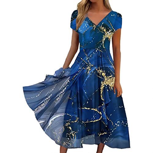 Alecony Sommerkleider Damen Kurzarm Lässig Rundhals Ausschnitt Blumendruck A-Linie Kleid Midikleid Partykleid Freizeitkleid Strandkleider Cocktailkleid Abendkleider Spitzenkleid von Alecony