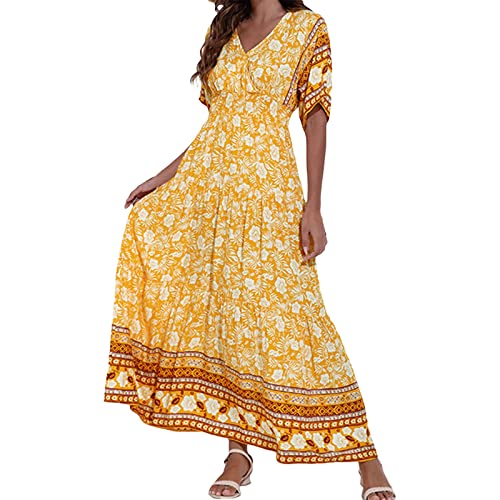 Alecony Sommerkleider Damen Partykleid Freizeitkleid V-Ausschnitt Kurzarm Maxikleid Blumendruck Boho Kleid Lässig A-Linie Kleid Midikleid Strandkleider Elegant Abendkleid Sommerkleid Langes Kleid von Alecony