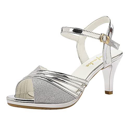 Neon Schuhe Damen Absatz Damen Sandalen Mode Sommer Neues Muster Open Toe Römische Sandalen Mittlerer Absatz Komfortabler Schnallenriemen Vielseitige Schuhe Damen Keilabsatz Schuhe Rot (Silver, 38) von Alecony