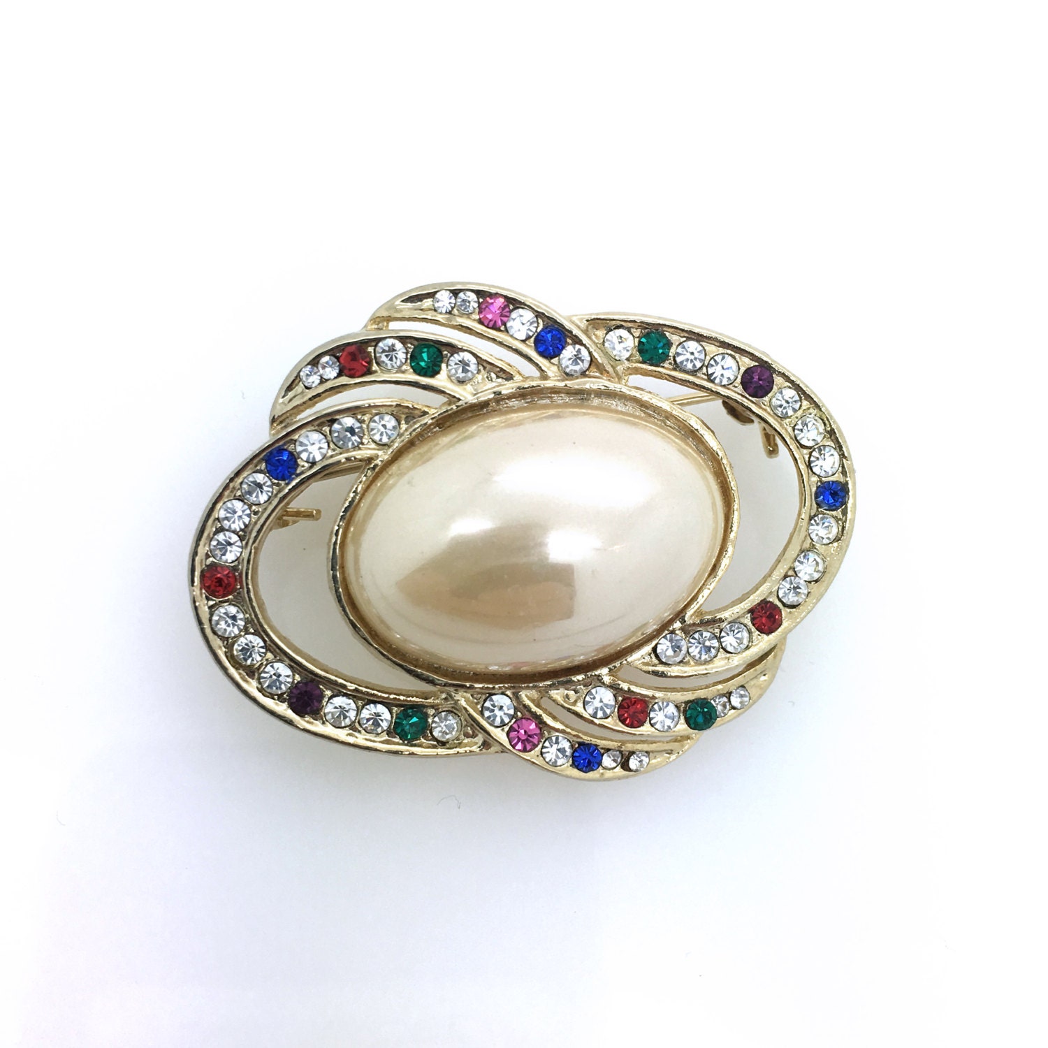 Brosche Perle Pin Multi Stein Kristalle Goldton Vintage-Schmuck Geschenk Idee Hochzeit Geburtstag Klassiker Ooak Groß - Aleks Schmuck von AleksJewelry