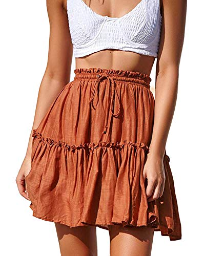 Alelly Damen Sommer Niedlich Hohe Taille Rüschen Rock Blumendruck Swing Strand Mini Rock, Caramel, Klein von Alelly