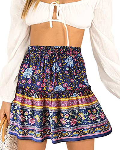 Alelly Damen Sommer Niedlich Hohe Taille Rüschen Rock Blumendruck Swing Strand Mini Rock, Marineblaue Blume, Groß von Alelly