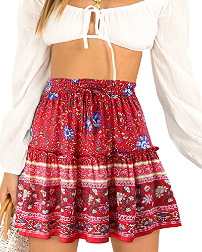 Alelly Damen Sommer Niedlich Hohe Taille Rüschen Rock Blumendruck Swing Strand Mini Rock, Red Flower, Mittel von Alelly