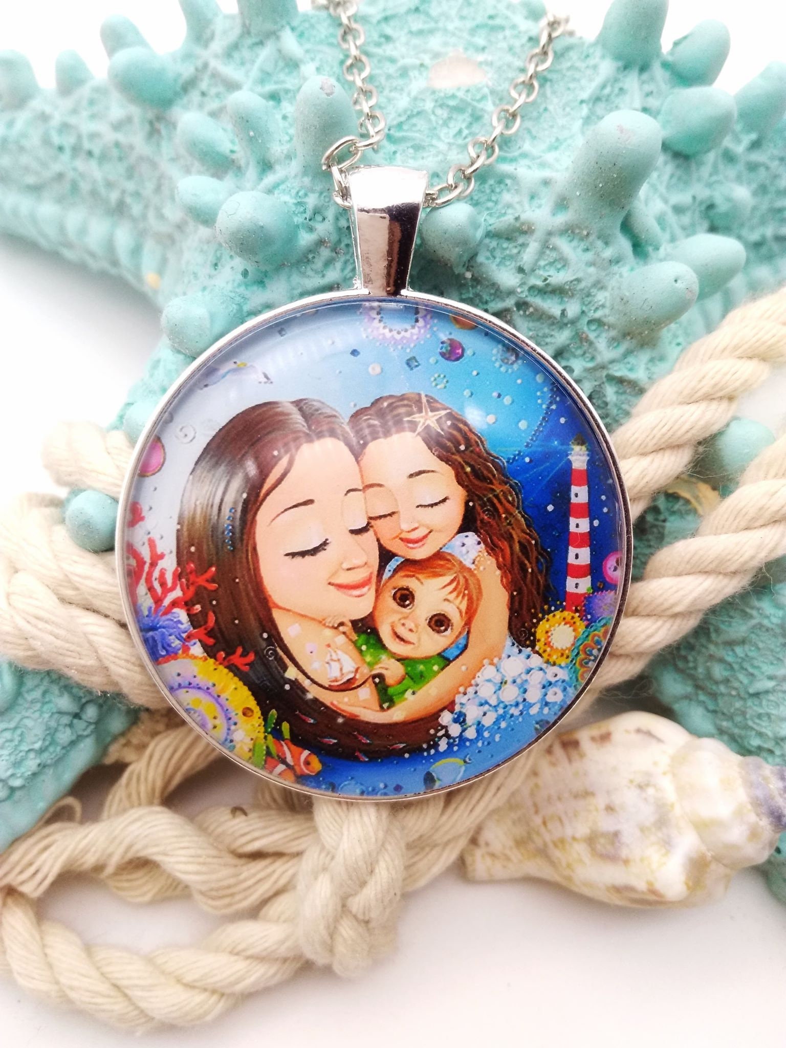 Mutter Und Kinder Halskette, Neues Baby Schmuck. Kalchanka. Halskette Für Mama. Zwei Ausstehend. Der Leuchtturm - Liebe in Familie von AlenaKalchanka