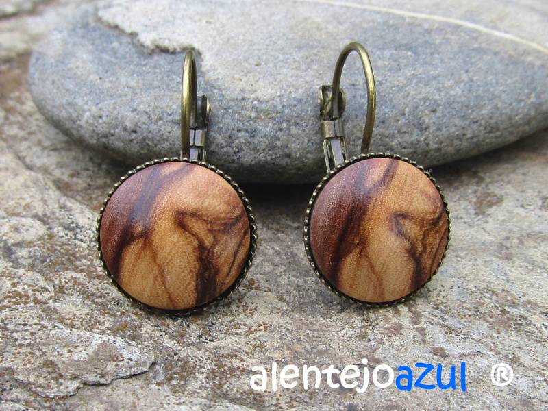 Ohrringe Olivenholz Cabochon Bronze Holzohrringe Holz Holzschmuck Handgemacht Alentejoazul Vegan Portugal Naturschmuck Geschenk Freundin von Alentejoazul