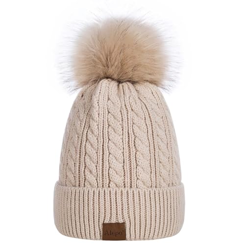 Alepo Damen Winter Mütze Mit Bommel - Warme Beanie Mit Fleece Gefütterte Weiche Skimanschettenmütze (Haferflocken) von Alepo