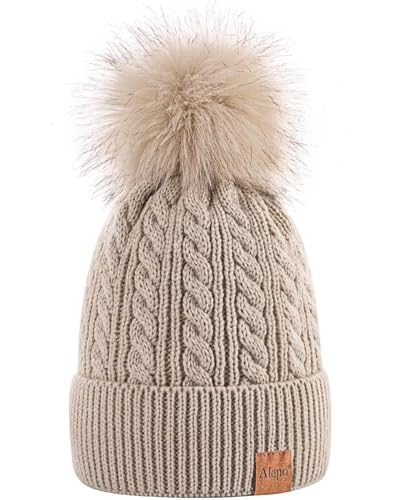 Alepo Womens Winter Beanie Hat, Warm Fleece Lined Knitted Soft Ski Cuff Cap with Pom Pom(Beige) von Alepo