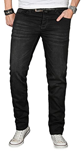 Designer Herren Jeans Hose Regular Slim Fit Jeanshose Basic Stretch [AS-056 - W32 L30] , Schwarz Effect von ALESSANDRO SALVARINI