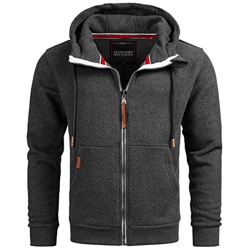 ALESSANDRO SALVARINI Herren Sweatjacke Kapuzenpullover Jacke Hoodie Kapuze Sweater AS292 [AS-292-Dunkelgrau-Gr.L] von ALESSANDRO SALVARINI