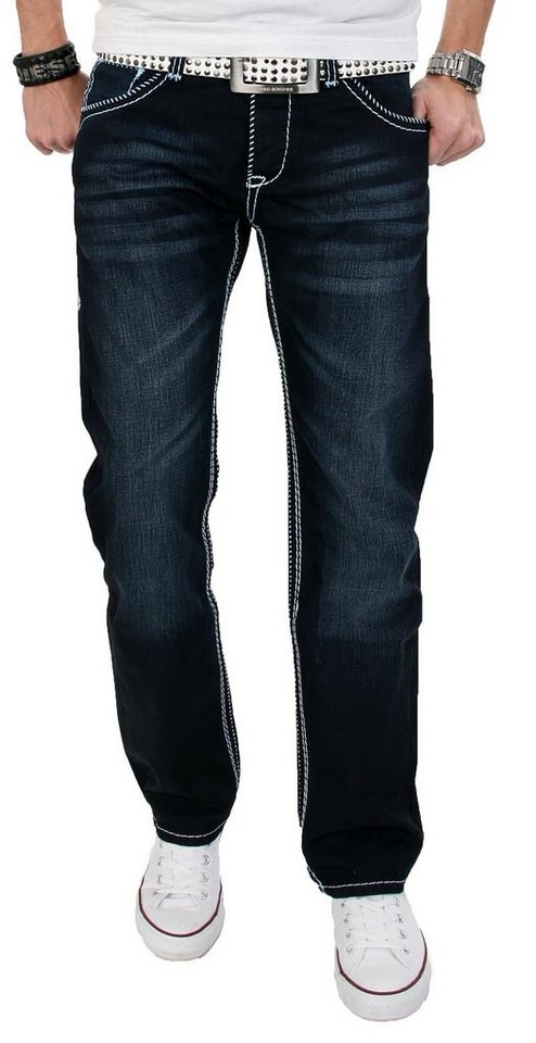 Alessandro Salvarini Straight-Jeans A. Salvarini Herren Designer Jeans Hose Dunkelblau dicke blaue Nähte mit auffälligen dicken Nähten von Alessandro Salvarini