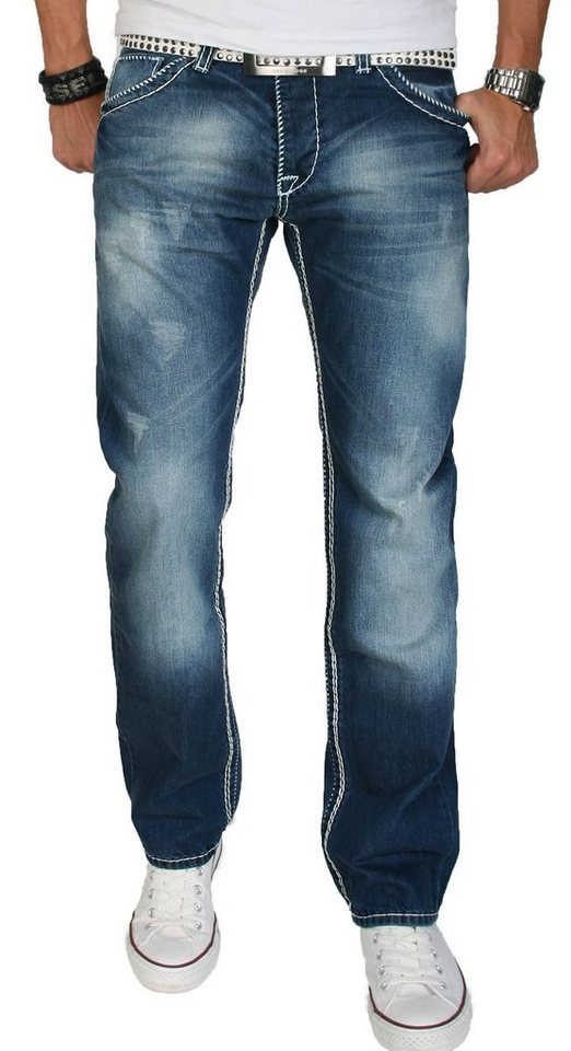 Alessandro Salvarini Straight-Jeans A. Salvarini Herren Designer Jeans Hose dicke weisse Nähte denim blau mit auffälligen dicken Nähten von Alessandro Salvarini