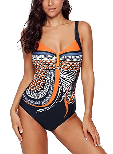 Aleumdr Badeanzug Damen Push up Bademode Bauchweg Figurformend Bandeau große Größen Rückfrei S-XXL, Orange, Large (EU42-EU44) von Aleumdr