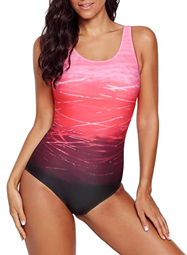 Aleumdr Badeanzug Damen Push up Bademode Schwimmanzug Bauchweg Farbverlauf Figurformenden Effekten Rückenfrei Bandeau Kreuz Rückseite Einteiler Swimsuit S-XXL, Rot XXL von Aleumdr