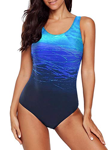 Aleumdr Badeanzug Damen Push up Bademode Schwimmanzug Bauchweg Farbverlauf Figurformenden Effekten Rückenfrei Bandeau S-XL, Blau, Medium (EU38-EU40) von Aleumdr