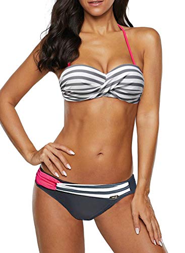 Aleumdr Bandeau Twist Push Up Bikini Set Bikini Top und Badeshorts Zweiteiliger Badeanzug Gestreift Bandeau Sets Grau XL von Aleumdr