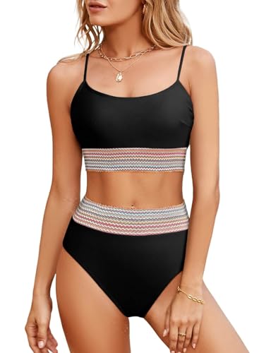 Aleumdr Bikini Damen Bauchweg Shape Badeanzug Damen Sexy Bikini-Sets für Damen Zweiteiler Push Up Bikini Oberteil mit Bikini Hose Schwarz Größe Klein von Aleumdr