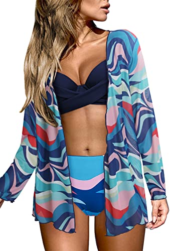 Aleumdr Bikini Damen Set Bauchweg 3er-Pack Bikini Damen Push up Tankini Set Damen Bademode Große Brüste Bikini Oberteil mit Strandkleid Damen Bikini Cover Up und Slip,Dunkelblau S von Aleumdr