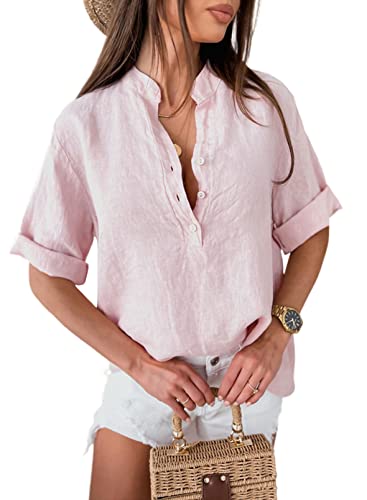 Aleumdr Bluse Damen Einfarbig Kurzarm 100% Baumwolle Tops V-Ausschnitt Bluse Button Down Freizeithemd Casual Oberteile Hemd Frühling Sommer (Rosa-2XL) von Aleumdr