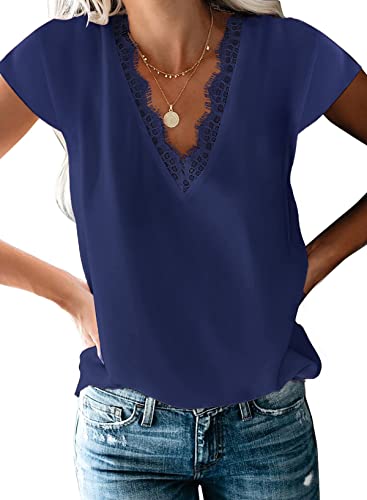 Aleumdr Bluse Damen Elegant Sexy V-Ausschnitt Spitze Blusen Tops Sommer Chiffon Blusen Hemdbluse Causal Damen Tunika Oberteile mit Spitzen Arbeitshemden Business Hemd Shirts,Blau S von Aleumdr