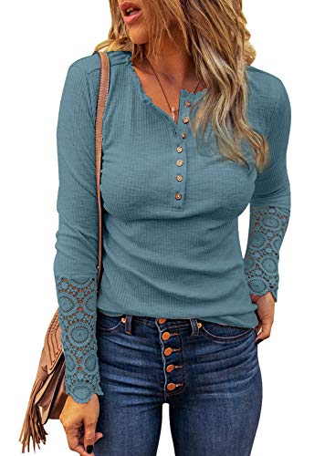 Aleumdr Bluse Damen Elegant Tunika Damen Langarmshirts Slim Fit Oberteile Damen Blusen Sexy Hemden Damen mit Spitzenärmel Longshirt Hemd T-Shirt,Grau L von Aleumdr