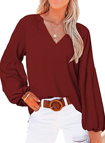 Aleumdr Bluse Damen Elegant V-Ausschnitt Blusen Damen Tunika Chiffon Bluse Top Damen Sexy Blusenshirts Sommer Herbst Oberteile Damen Langarmshirt Lässig Hemd Vintage Tunika Shirts Tops，Rot XL von Aleumdr