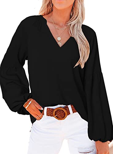 Aleumdr Bluse Damen Elegant V-Ausschnitt Blusen Damen Tunika Chiffon Bluse Top Damen Sexy Blusenshirts Sommer Herbst Oberteile Damen Langarmshirt Lässig Hemd Vintage Tunika Shirts Tops，Schwarz S von Aleumdr