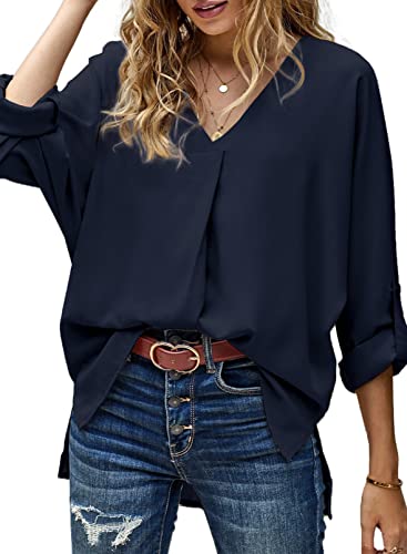 Aleumdr Damen Bluse Langarm V-Ausschnitt Chiffon Bluse Damen Elegant Tunika Oberteile Damen Sexy Casual Blusenshirt Damen 3/4 Arm Langarmshirts Hemden,Dunkelblau S von Aleumdr