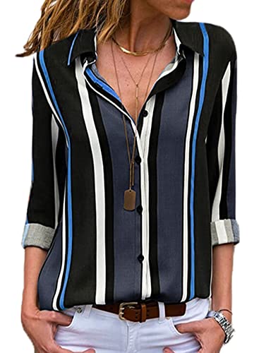 Aleumdr Bluse Damen Langarm Hemdbluse Streifen Business Blusen Damen Sommer Revers Kragen Button-down Hemd Blusen Elegant Tunika Oberteile Blusenshirt, Dunkelblau XXL von Aleumdr