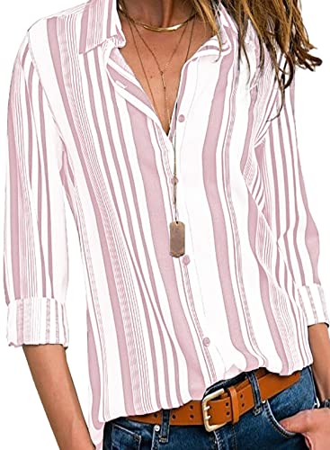 Aleumdr Bluse Damen Langarm Hemdbluse Streifen Business Blusen Damen Sommer Revers Kragen Button-down Hemd Blusen Elegant Tunika Oberteile Blusenshirt, Pink M von Aleumdr